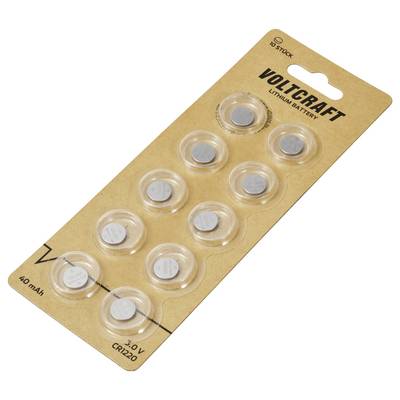 Emballage de dix piles bouton Voltcraft, modèle CR1220, 3V, 40mAh. Blister sur carton brun.