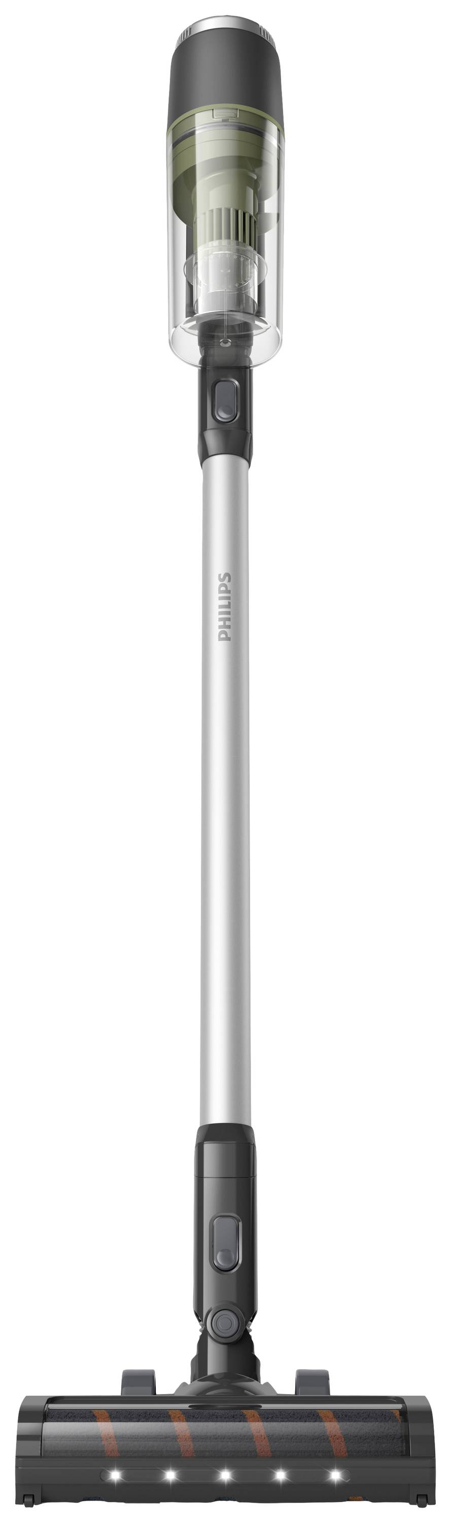 Aspirateur balai sans fil à long manche, avec réservoir à poussière transparent et tête motorisée à brosse, conçu pour un nettoyage facile.