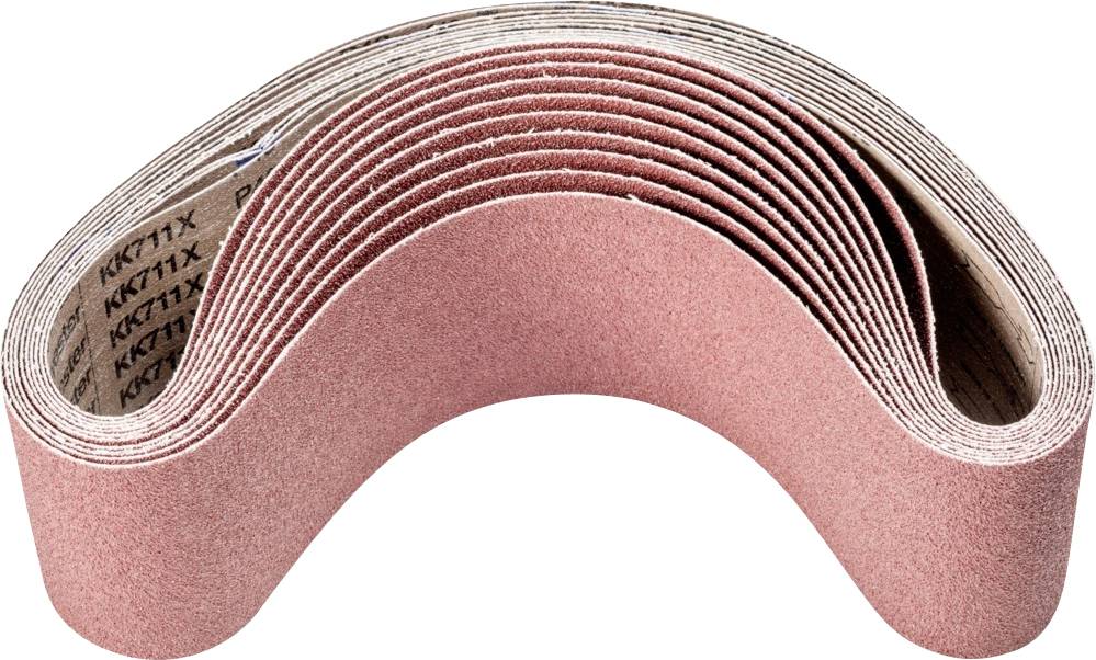 Une bande abrasive courbe de couleur rouge, pliée plusieurs fois et superposée. Principalement utilisée pour les machines à poncer.