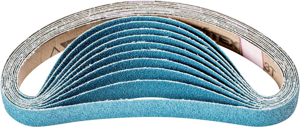 Une pile de rubans abrasifs bleus en forme de courbe, qui pourraient être utilisés dans un atelier ou pour des travaux artisanaux.