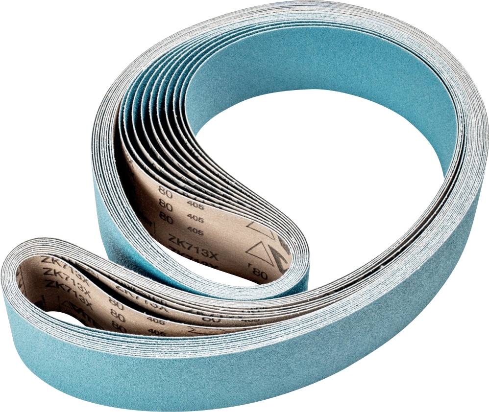 Une longue bande abrasive enroulée de couleur bleue avec un numéro de grain imprimé sur sa face intérieure. Convient pour les travaux de ponçage.