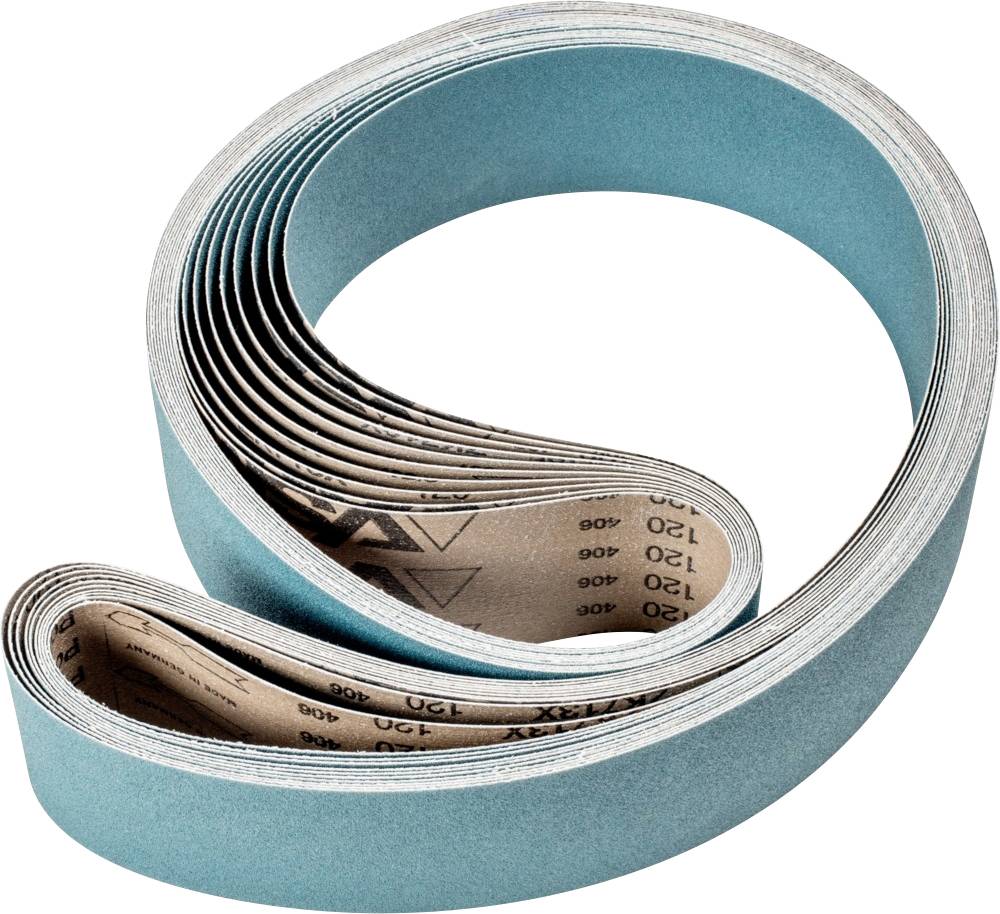 Une bande abrasive enroulée en turquoise révèle sa face intérieure à grains grossiers, adaptée à l'utilisation dans des machines de ponçage industrielles.