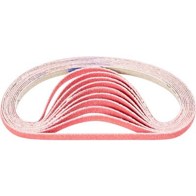 Une pile de rubans de ponçage rouges en forme de U, empilés par taille décroissante, sur une surface de fond blanche.