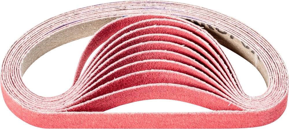 Des bandes abrasives rouges, empilées en forme de demi-cercle, montrent des couches de papier de verre dans différentes courbures.