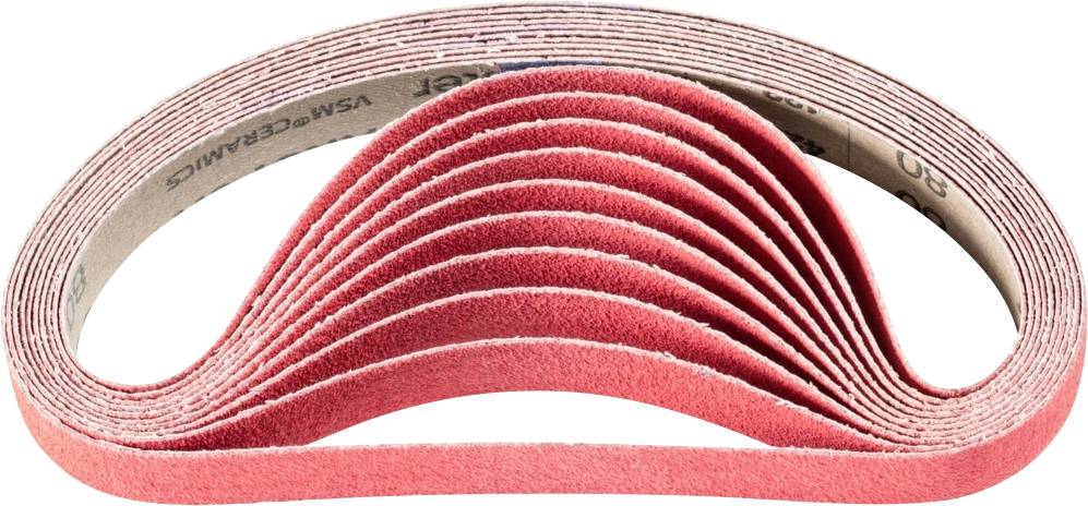 Un tas de rubans rouges est disposé en demi-cercle et tenu verticalement. À l'intérieur, un nom de fabricant est visible.
