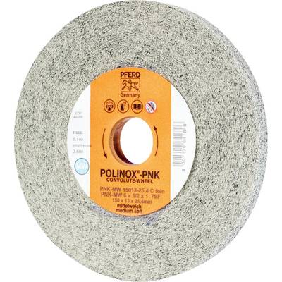 Disque de meulage gris poli avec étiquette orange, inscription 'Polinox PNK MV', 'Pferd Germany', '150x13x25 A C fin'.