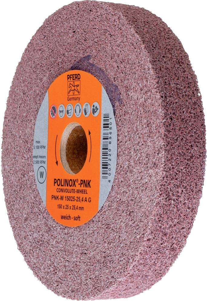 Disque abrasif PFERD avec étiquette orange ; modèle 'POLINOX-PNK', souple, 150 x 25 x 25,4 mm, 1 500 tr/min, pour le traitement de surface.