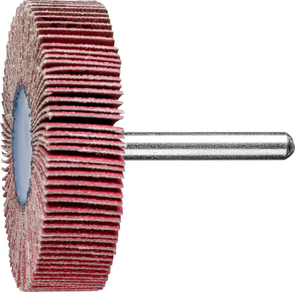 Un disque abrasif en forme de roue, recouvert de papier de verre rouge et doté d'une fixation métallique. Utilisé pour les travaux de polissage et de ponçage.