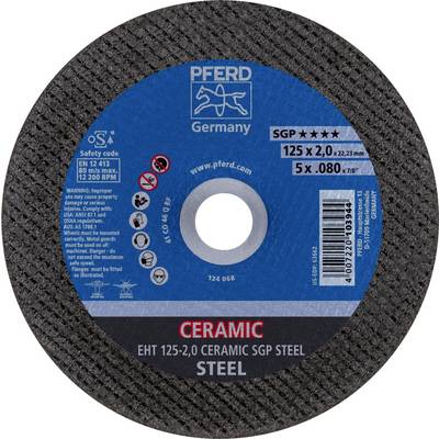 Disque à meuler de la marque 'Pferd', adapté pour l'acier. Diamètre 125 mm, épaisseur 2 mm, vitesse de rotation maximale 12.200 tr/min, fabriqué en Allemagne.