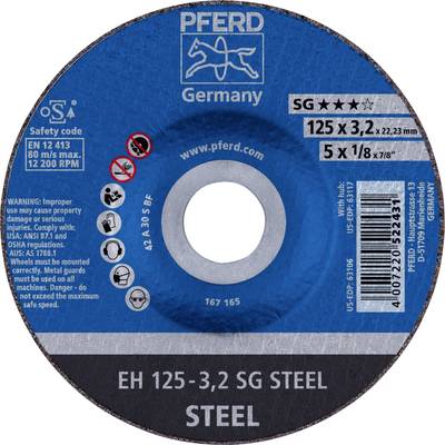 Disque à meuler avec l'inscription 'Pferd Germany'. Caractéristiques principales : diamètre de 125 mm, épaisseur de 3,2 mm, pour l'usinage de l'acier. Comprend des instructions de sécurité et d'utilisation.