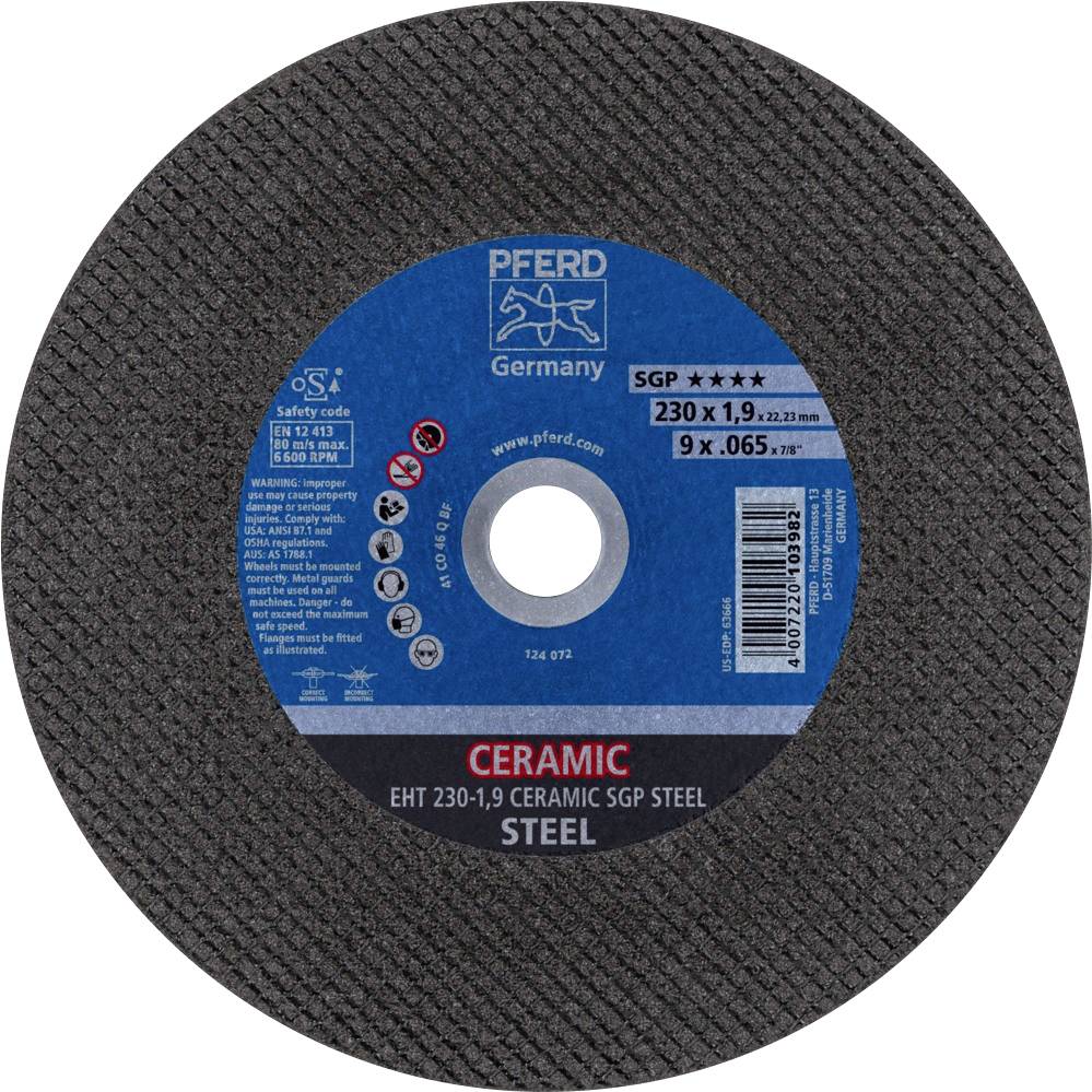 L'illustration montre un disque de coupe avec un centre bleu, de marque 'PFERD Germany', spécialement adapté pour l'acier, d'un diamètre de 230 mm.