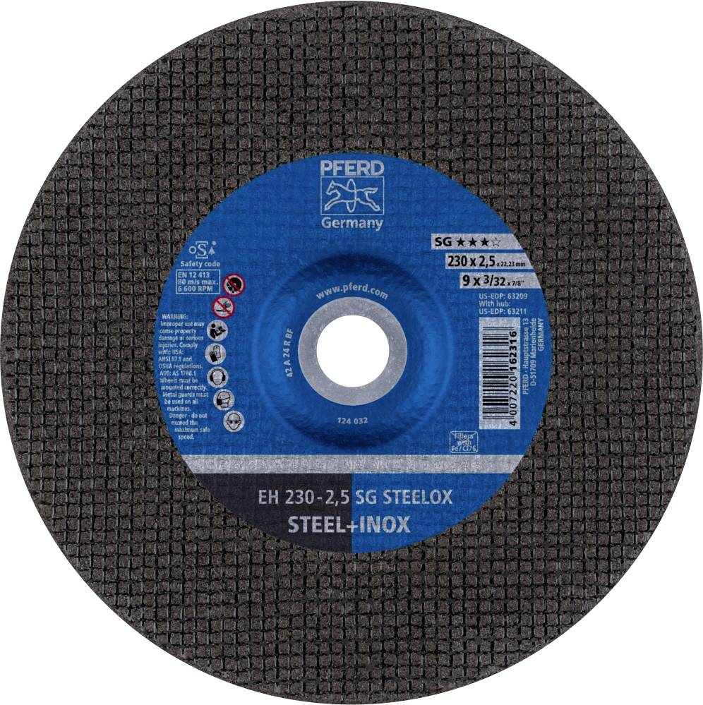 Disque à tronçonner de Pferd Germany, modèle SG STEELOX, diamètre 230 mm, pour acier et inox, avec centre bleu et marquage.