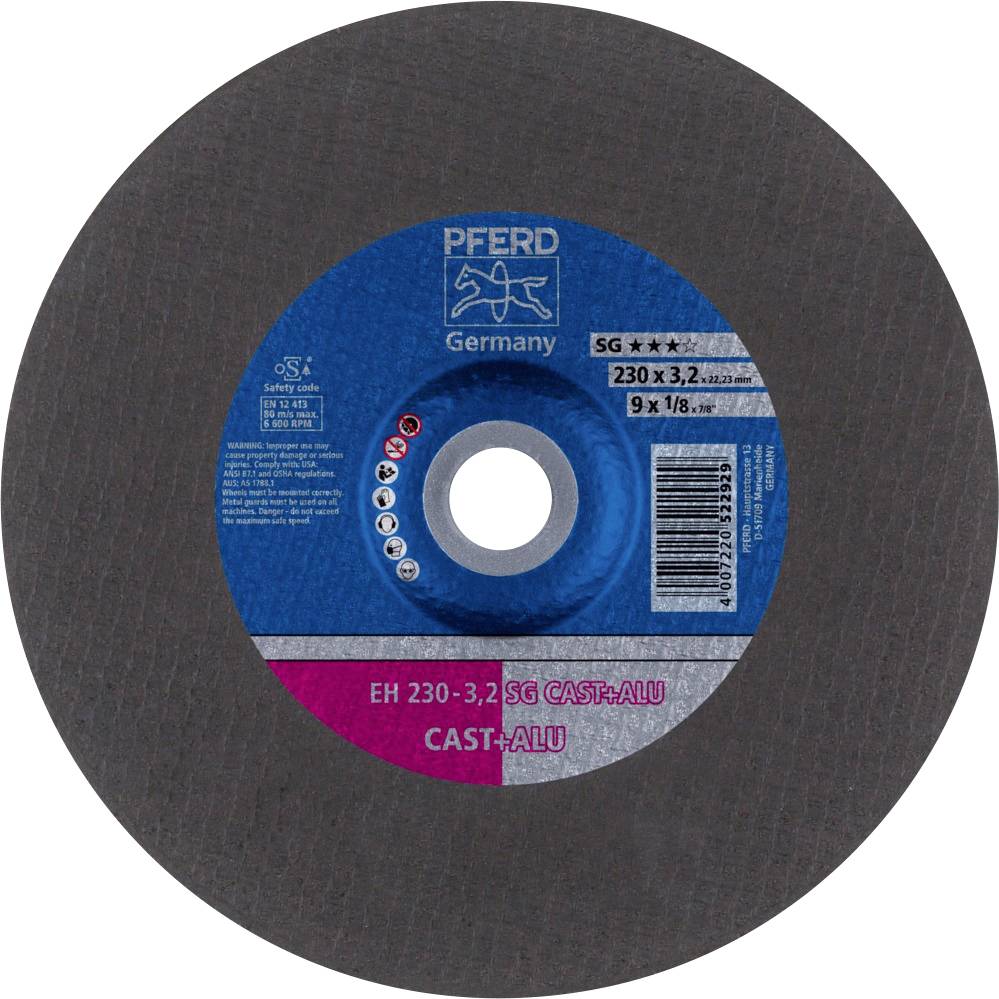 Disque à meuler portant l'inscription 'PFERD Germany', diamètre 230 x 3,2 mm. Adapté pour l'usinage de l'aluminium, modèle SG CAST-ALU.