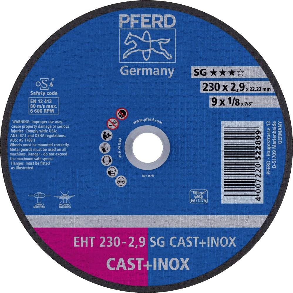 Disque à meuler avec centre bleu et bordure rose. Inscription 'PFERD Germany', 'EHT 230-2,9 SG CAST+INOX', adapté pour l'usinage de l'acier.