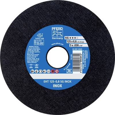 Disque à tronçonner de PFERD pour acier inoxydable, diamètre 125 mm, épaisseur 0,8 mm. Adapté pour des coupes rapides, durée de vie élevée.