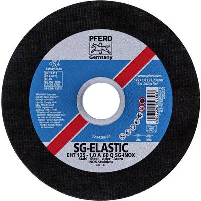 Disque à tronçonner portant l'inscription 'SG-ELASTIC EHT 125 - 10 A 60 Q SG-INOX'. Dimensions 125x1,0x22,23 mm. Fabricant : Pferd Germany.
