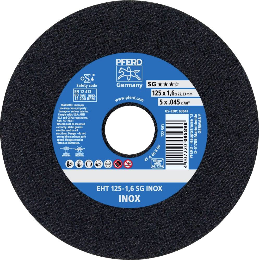 Une meule avec l'inscription 'PFERD Germany', diamètre 125 mm, épaisseur 1,6 mm, adaptée à l'acier inoxydable (INOX).