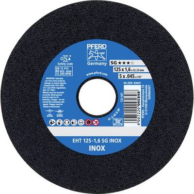 Une meule avec l'inscription 'PFERD Germany', diamètre 125 mm, épaisseur 1,6 mm, adaptée à l'acier inoxydable (INOX).