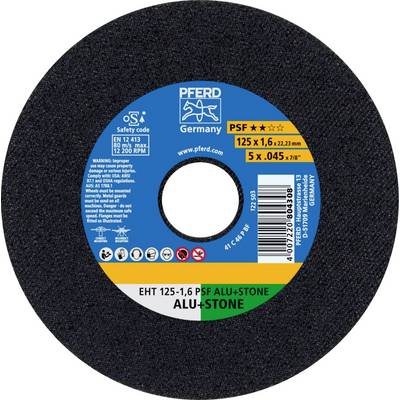 Disque à meuler avec étiquette bleue, marque 'PFERD', modèle 'PSF ALU+STONE', taille 125 x 1,6 mm, adapté pour l'aluminium et la pierre.