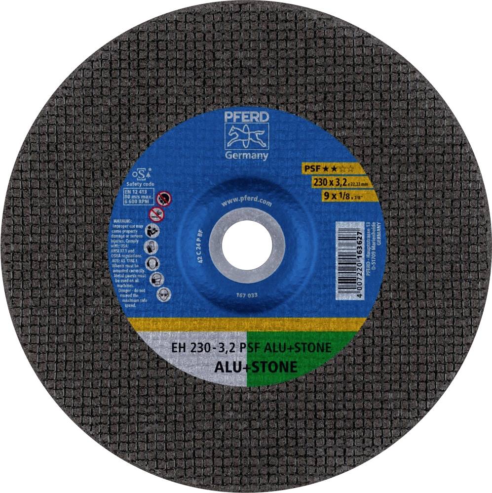 'Disque à meuler de PFERD Allemagne, type PSF ALU+Stone, diamètre 230 mm. Adapté pour le travail de l'aluminium et de la pierre.'