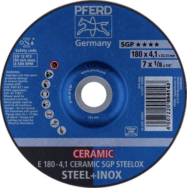 PFERD TOOLS 62100180 E 180-4,1 CERAMIC SGP STEELOX Disque à ébarber à moyeu déporté Diamètre 180 mm Ø de perçage 22.23 mm acier inoxydable, acier 10 pc(s)