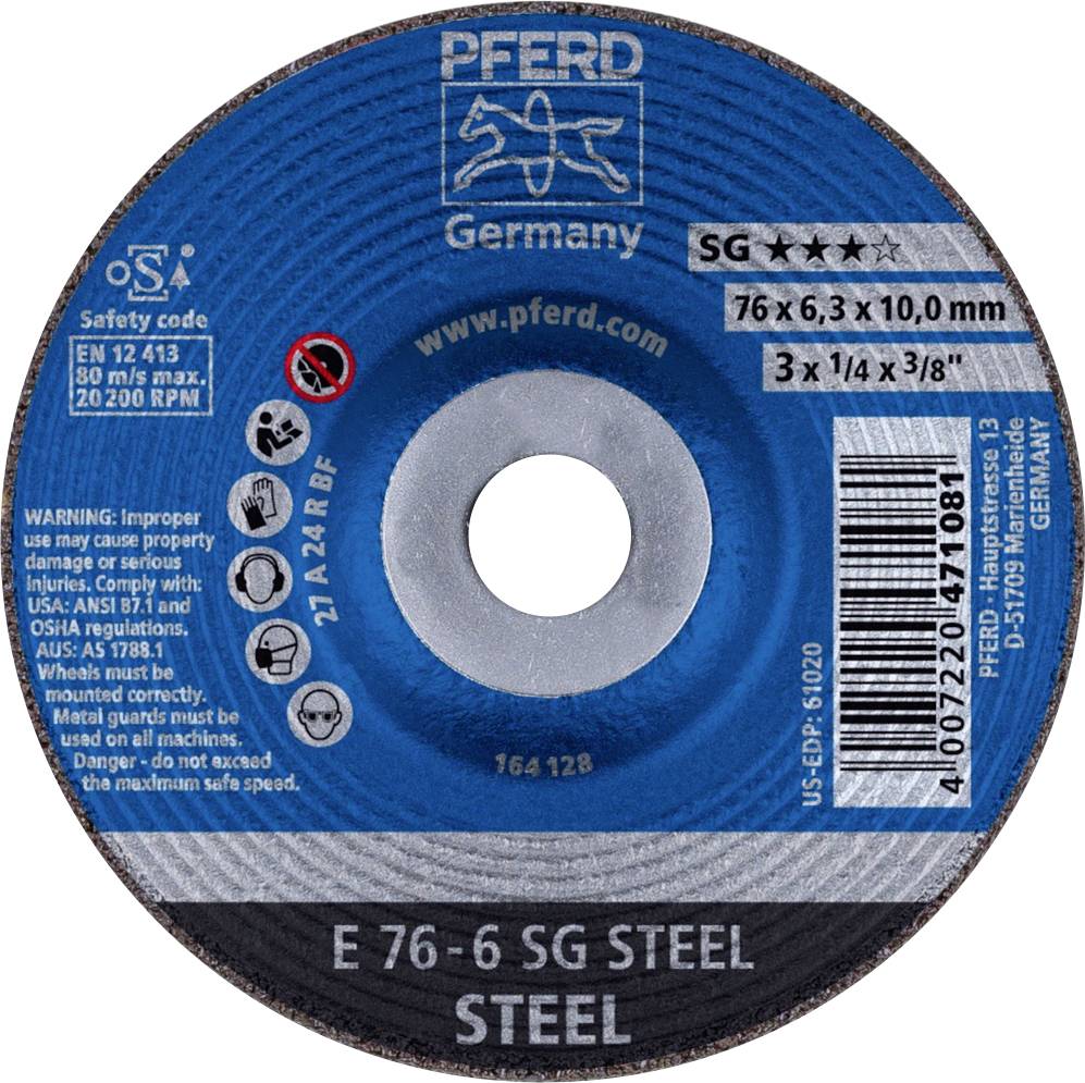 Étiquette bleue de disque abrasif portant l'inscription : « PFERD Germany », avec des spécifications techniques, des codes de sécurité et des icônes imprimés.