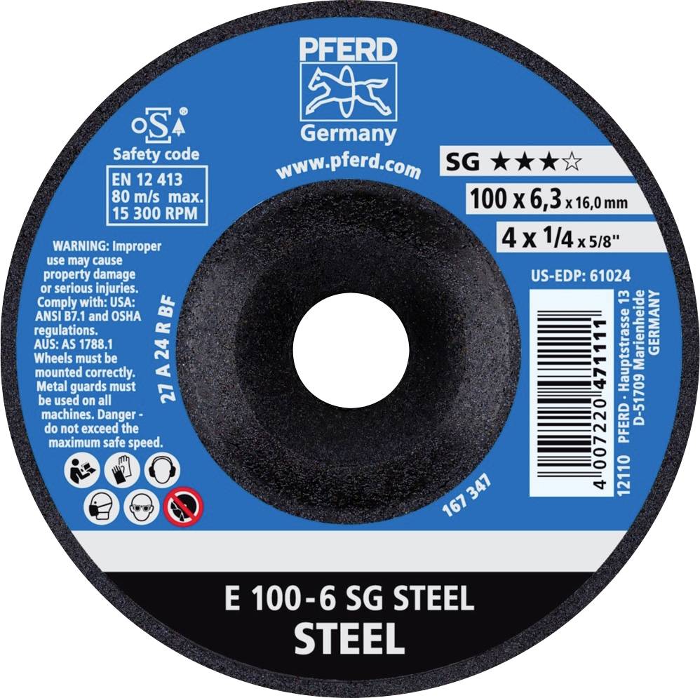 Disque à meuler avec texte : « E 100-6 SG Steel », taille 100 x 6,3 mm. Contient le code de sécurité, les avertissements et les informations du fabricant.