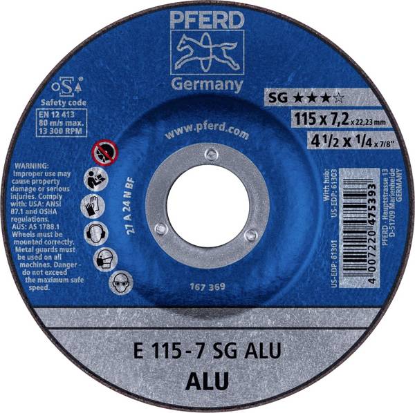 PFERD TOOLS 62211622 E 115-7 SG ALU Disque à ébarber à moyeu déporté Diamètre 115 mm Ø de perçage 22.23 mm aluminium, Métaux non ferreux 10 pc(s)