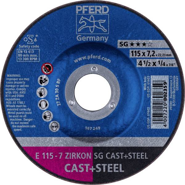 PFERD TOOLS 62211747 E 115-7 ZIRKON SG CAST+STEEL Disque à ébarber à moyeu déporté Diamètre 115 mm Ø de perçage 22.23 mm Fonte grise/ à graphite sphéroïdal, acier, Acier coulé 10 pc(s)