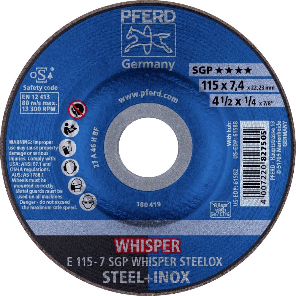 Disque à meuler de PFERD, modèle 'WHISPER', 115 x 7,4 mm, pour acier et acier inoxydable, avec informations de sécurité et de produit.