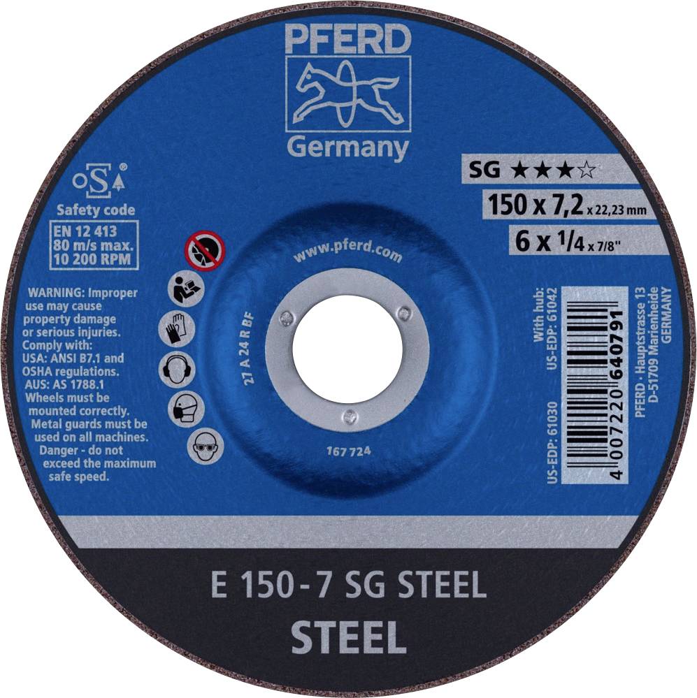 Disque abrasif portant l'inscription 'PFERD Germany', diamètre : 150 mm, épaisseur : 7,2 mm. Adapté pour l'acier. Contient des codes de sécurité et des instructions d'utilisation.