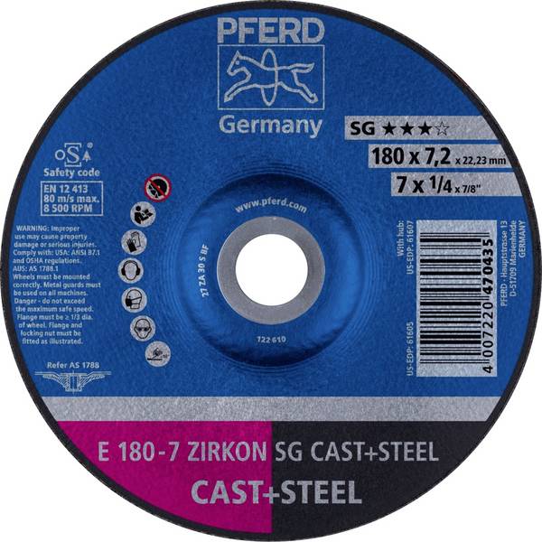 PFERD TOOLS 62217628 E 180-7 ZIRKON SG CAST+STEEL Disque à ébarber à moyeu déporté Diamètre 180 mm Ø de perçage 22.23 mm Fonte grise/ à graphite sphéroïdal, acier, Acier coulé 10 pc(s)