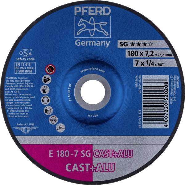 PFERD TOOLS 62217681 E 180-7 SG CAST+ALU Disque à ébarber à moyeu déporté Diamètre 180 mm Ø de perçage 22.23 mm Alliage d'aluminium, Fonte grise/ à graphite sphéroïdal, Peau de coulée 10 pc(s)