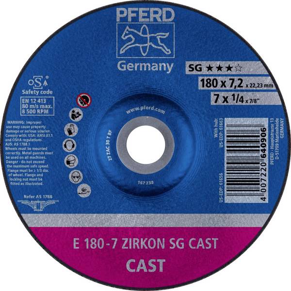 PFERD TOOLS 62217738 E 180-7 ZIRKON SG CAST Disque à ébarber à moyeu déporté Diamètre 180 mm Ø de perçage 22.23 mm Fonte grise/ à graphite sphéroïdal, Peau de coulée 10 pc(s)