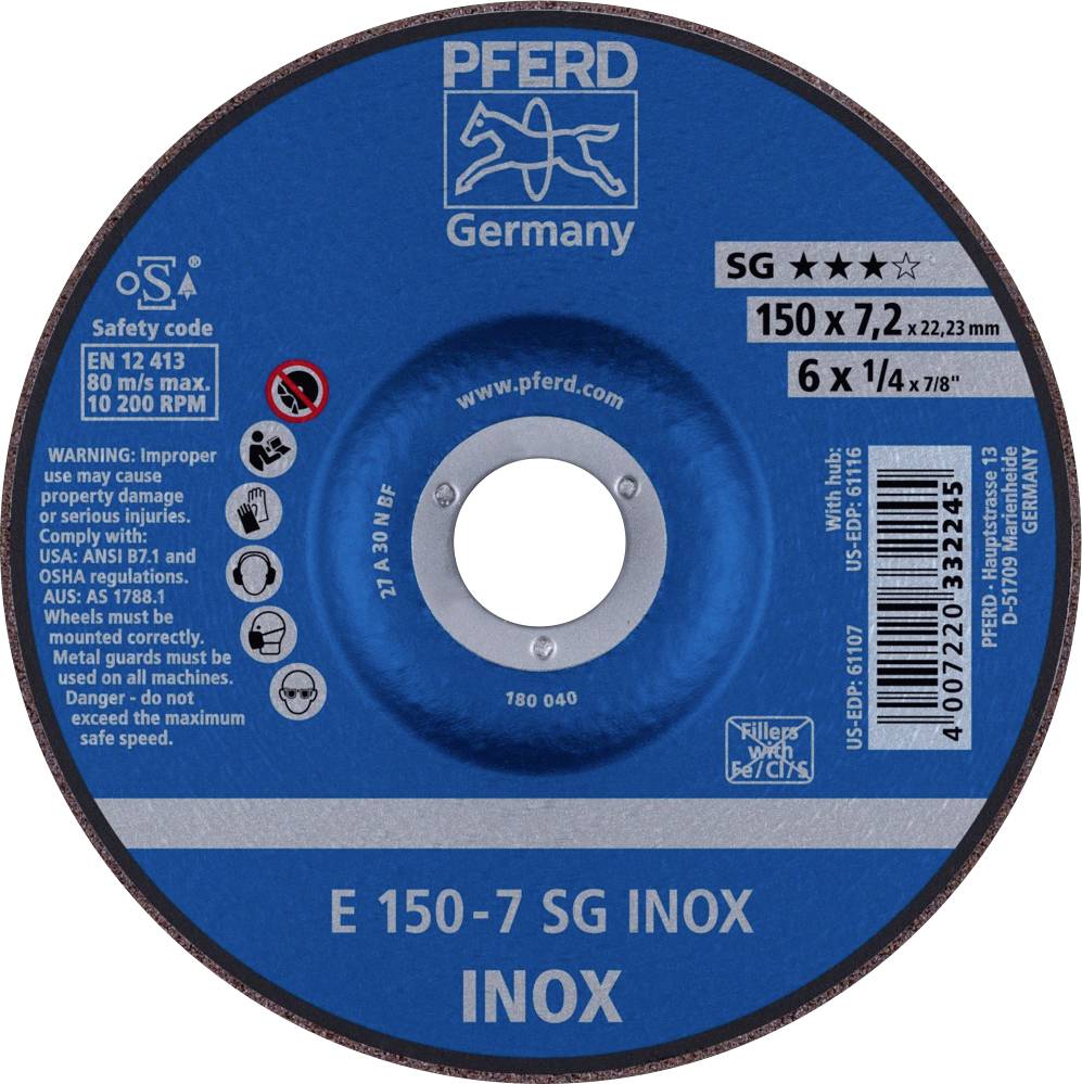 Disque abrasif bleu-noir portant l'inscription 'PFERD Germany', 'E 150-7 SG INOX', avec codes de sécurité et instructions d'utilisation.