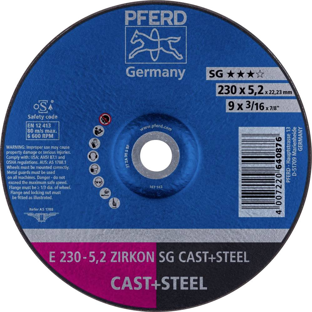 Disque à tronçonner de la marque 'Pferd Germany' de 230x5,2 mm, adapté pour l'acier et la fonte. Code produit E 230-5,2 Zircon SG.