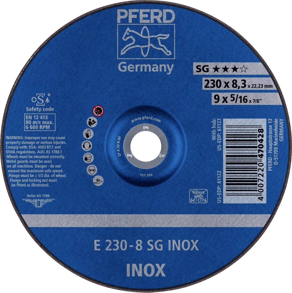 Disque à tronçonner avec marquage bleu pour acier inoxydable. Marque 'PFERD Germany'. Dimensions : 230x8,3 mm, alésage de 22,23 mm.