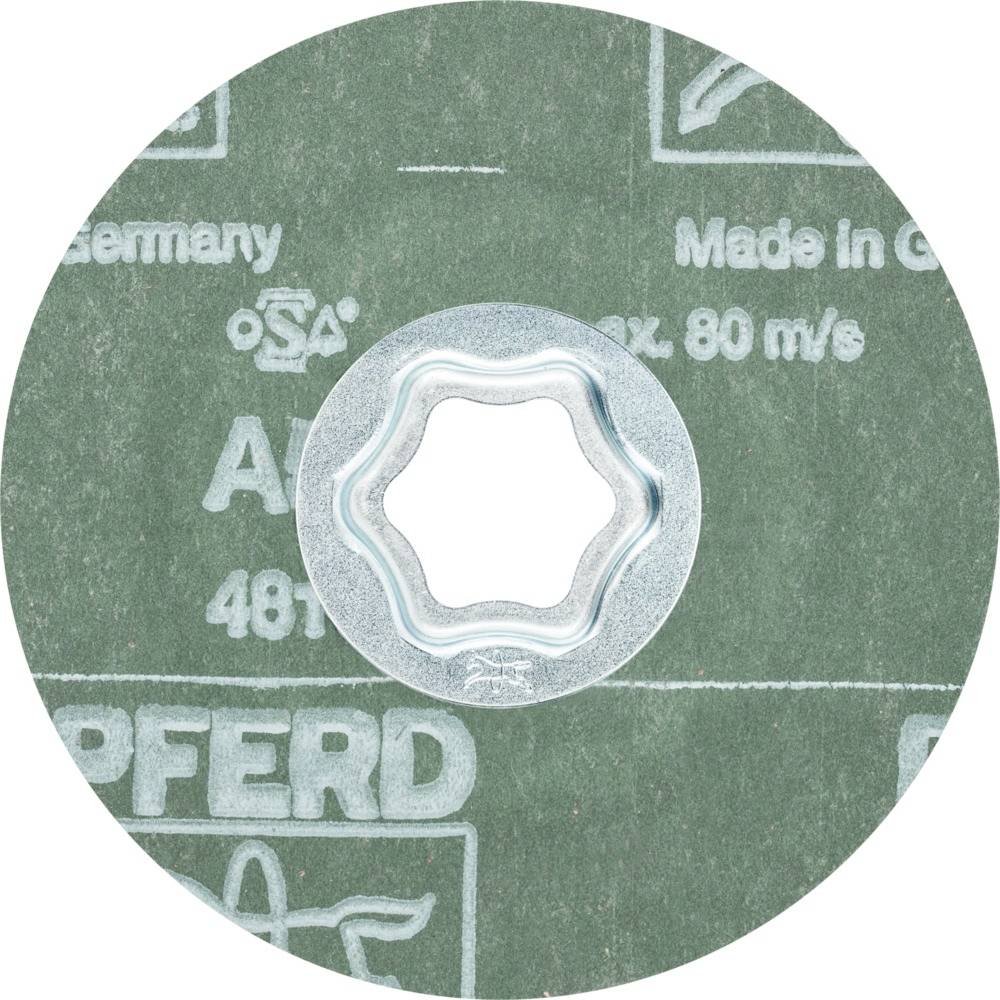 Disque abrasif 'PFERD' : Disque vert avec un trou central, destiné aux travaux de meulage. Marquage : marque et spécifications de vitesse.