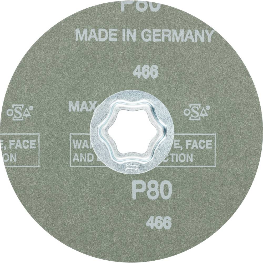 Disque abrasif rond avec grain P80, 'Made in Germany', logo 'MAX' et logo OSA. Centre percé d'une ouverture métallique à cinq branches.