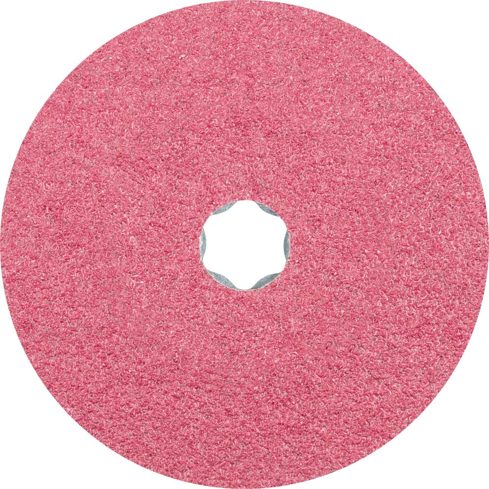 Un disque abrasif rose avec un trou au centre, utilisé pour les travaux de ponçage sur des surfaces dures.