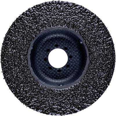 Une meule noire à texture grossière avec un trou central, utilisée pour le meulage et le polissage des matériaux.
