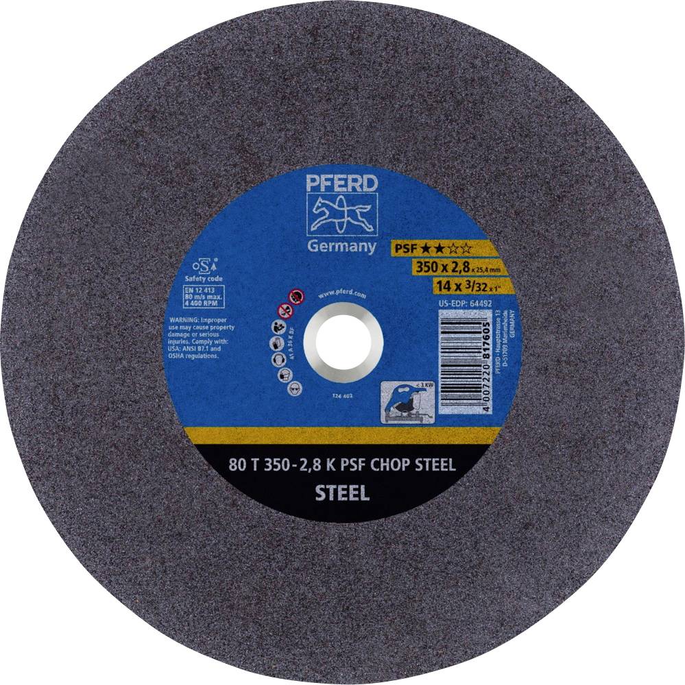 Disque à tronçonner avec étiquette bleue. Inscription : 'PFERD Germany', '350 x 2,8 x 32', 'STEEL'. Utilisé pour couper l'acier.