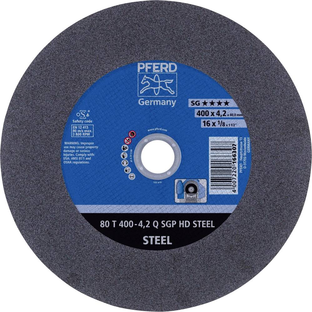Disque à meuler avec centre bleu, portant l'inscription 'Pferd Germany', diamètre 400 mm, pour l'usinage de l'acier.