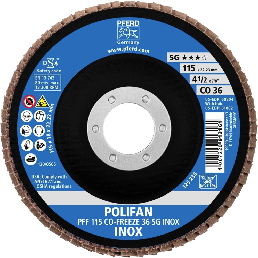 Disque à lamelles 'POLIFAN PFF 115 CO-FREEZE 36 SG INOX' de PFERD. Diamètre 115 mm, grain 36, adapté pour l'acier inoxydable, vitesse maximale 13 300 tr/min.