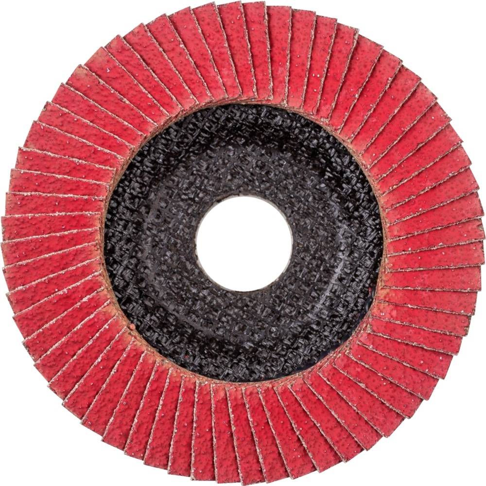 Un disque à lamelles rouge utilisé pour le ponçage du métal ou du bois. Trou central pour la fixation sur une meuleuse d'angle.
