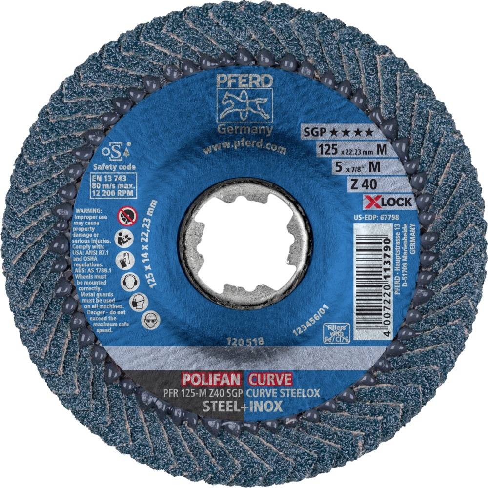 Disque à poncer 'Cheval Polifan Curve' pour l'usinage des métaux, diamètre 125 mm, fixation X-Lock, adapté pour l'acier et l'acier inoxydable.