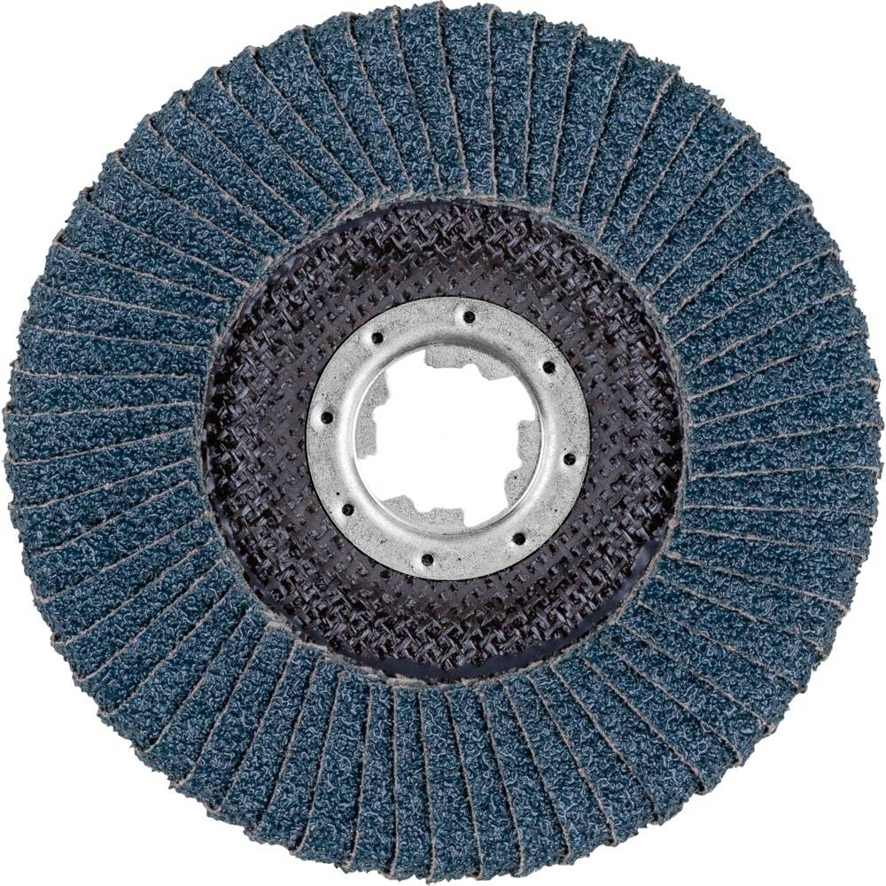 Un disque de ponçage rond avec des lamelles bleues pour le polissage des surfaces métalliques, comportant un trou central pour la fixation sur des machines.