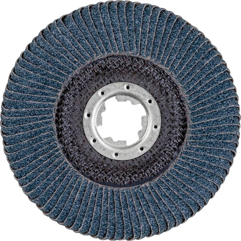 Disque abrasif, lamelles abrasives disposées radialement, bleu foncé et gris foncé, noyau métallique au centre pour des travaux de meulage industriels.