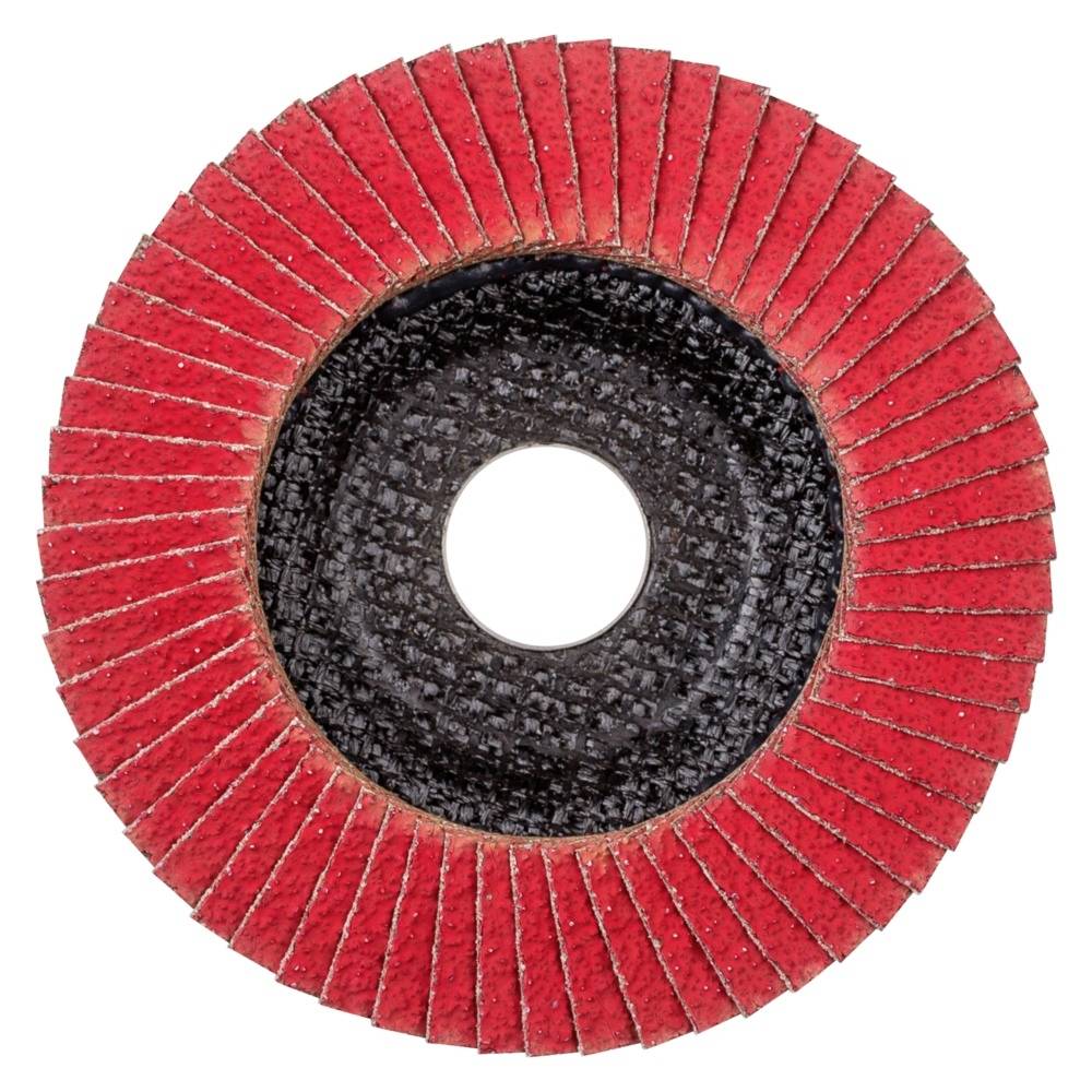 Un disque abrasif rond, rouge, à lamelles avec un noyau noir et un trou central, utilisé pour le meulage et le polissage des surfaces.