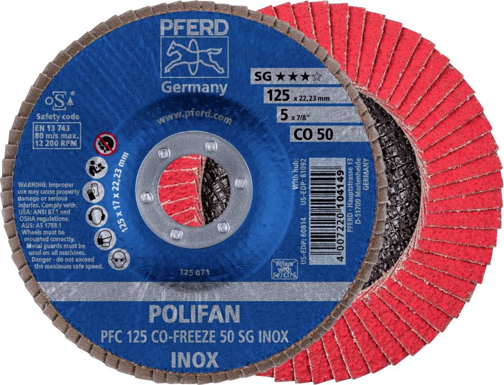 'PFERD POLIFAN PFC 125 CO-FREEZE 50 SG INOX' Disque à lamelles, rond, rouge, diamètre 125 mm, adapté pour le traitement de l'acier inoxydable.